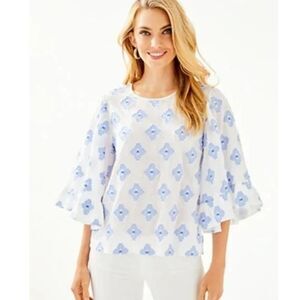 LILLY PULITZER Francis Bell Sleeve White Blue Metallic Top Size Small